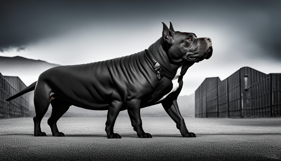 An image capturing the majestic presence of an American Bully XL, showcasing its powerful build, defined muscle structure, and confident stance, exuding an aura of strength and grace